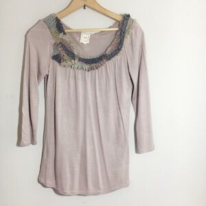 Anthropologie One September Fringed Ruffle Trim Gray Purple Tee Long Sleeve Tee